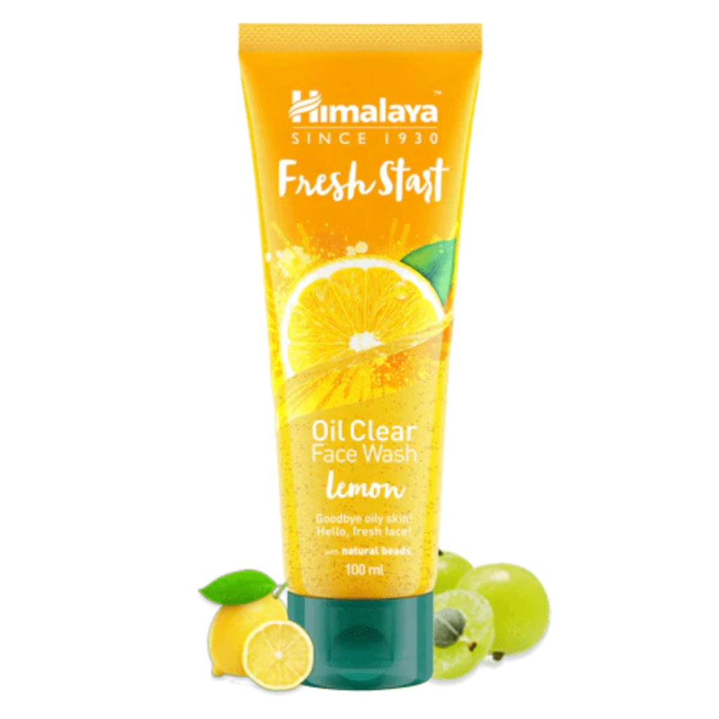 Himalaya Fresh Start Oil Clear Face Wash Lemon tube with lemon slices and gooseberries on a white background