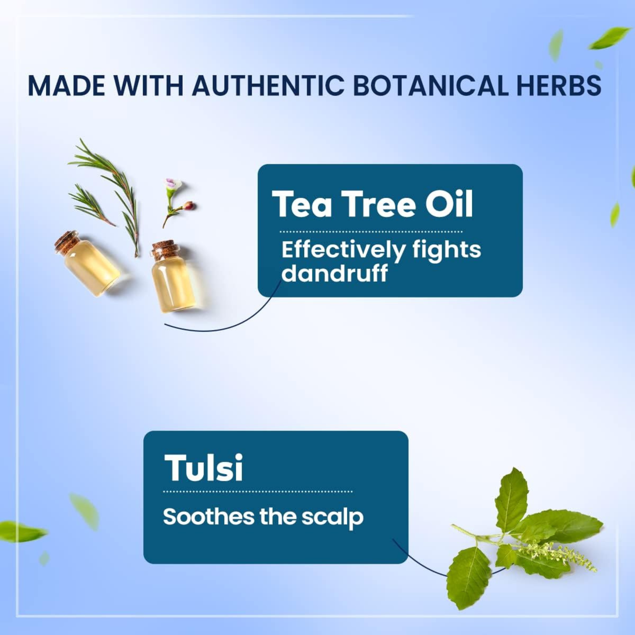 Tea tree oil and tulsi with text on a blue background