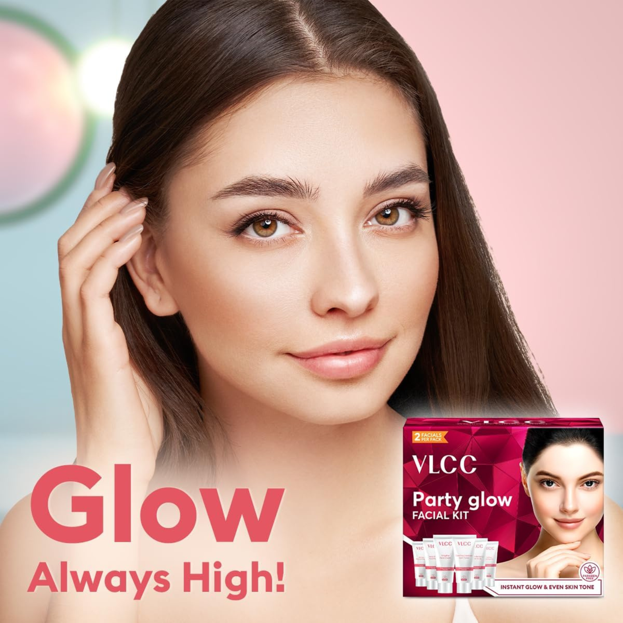 Woman with glowing skin next to VLCC facial kit on a pink background