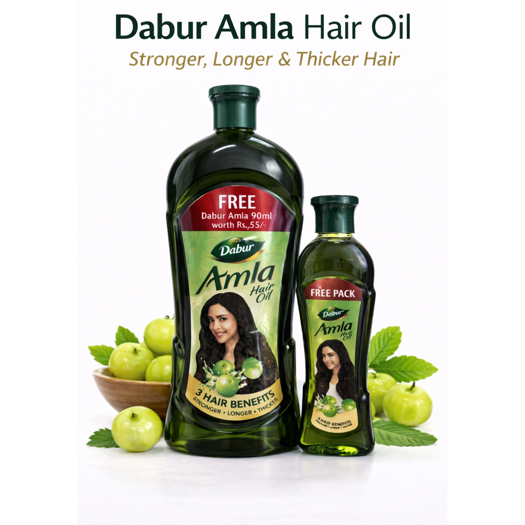 Dabur Amla Hair Oil bottles with green apples on a white background