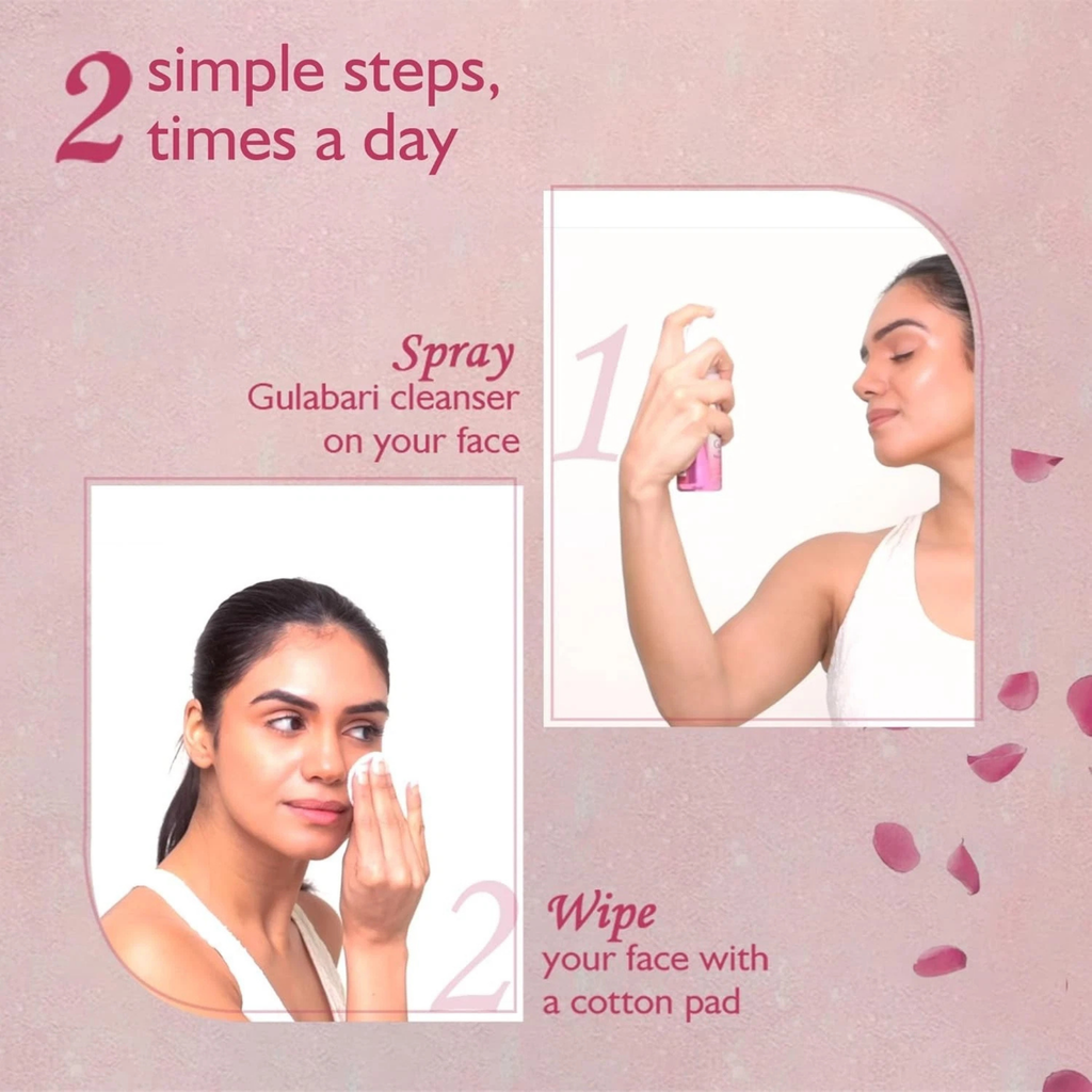 Cosmetic product advertisement with steps to use Gulabari cleanser on a pink background.