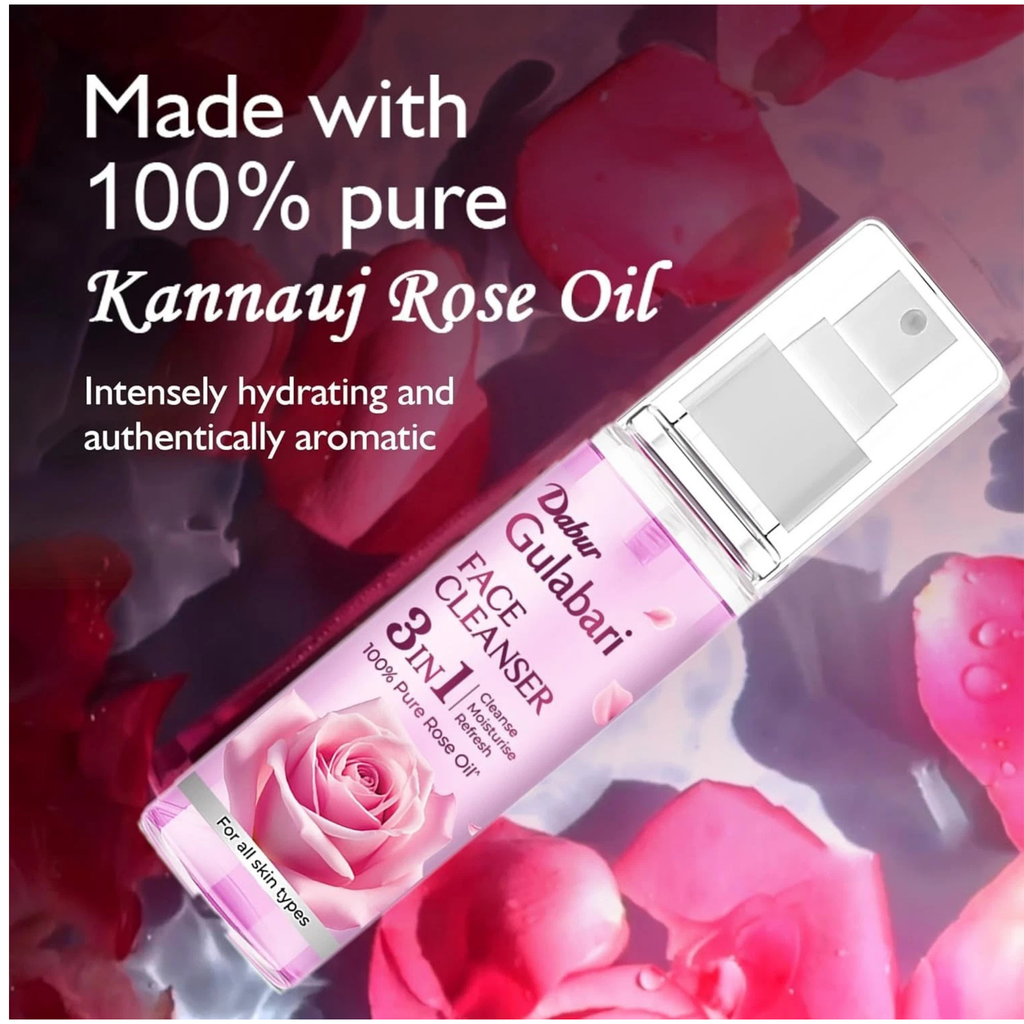 Face cleanser with rose oil packaging on a background of red roses