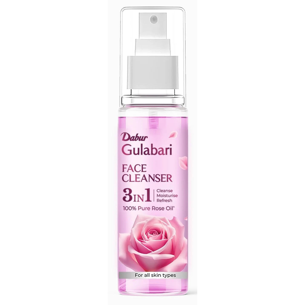 Bottle of Dabur Gulabari Face Cleanser with a pink label and rose design on a white background