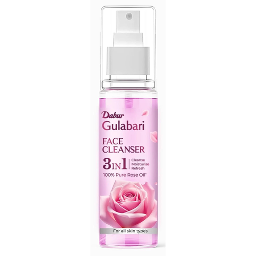 Bottle of Dabur Gulabari Face Cleanser with a pink label and rose design on a white background