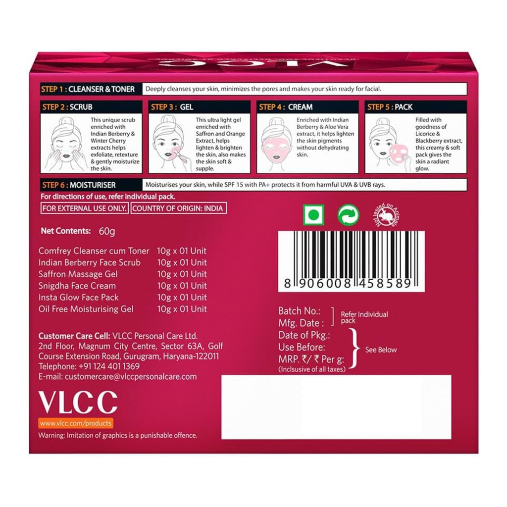 VLCC skincare product packaging with step-by-step instructions and product details.