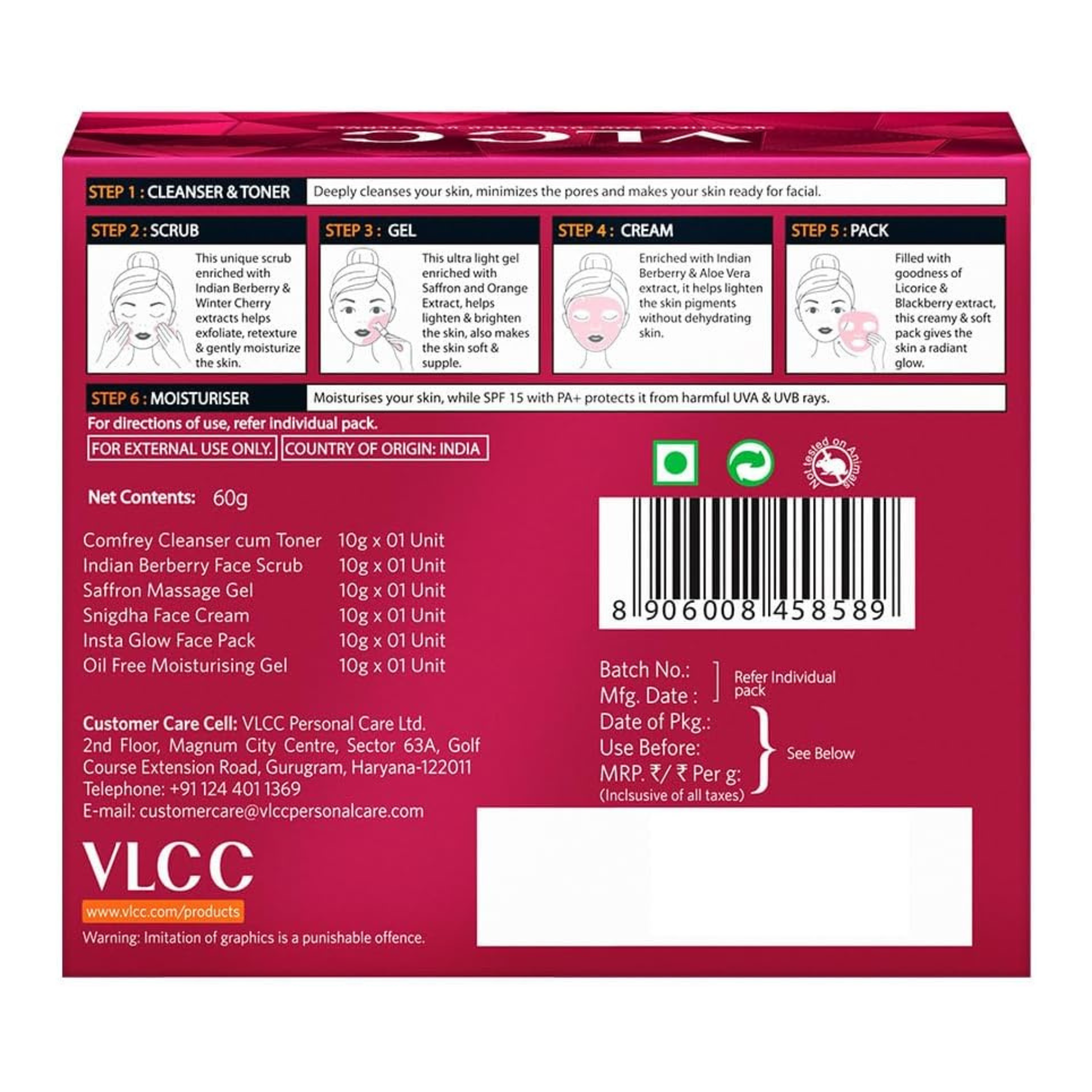 VLCC skincare product packaging with step-by-step instructions and product details.