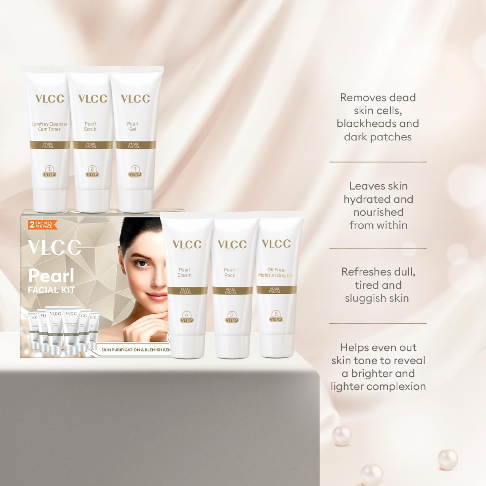 VLCC Pearl Facial Kit with cream bottles and packaging on a soft pink background