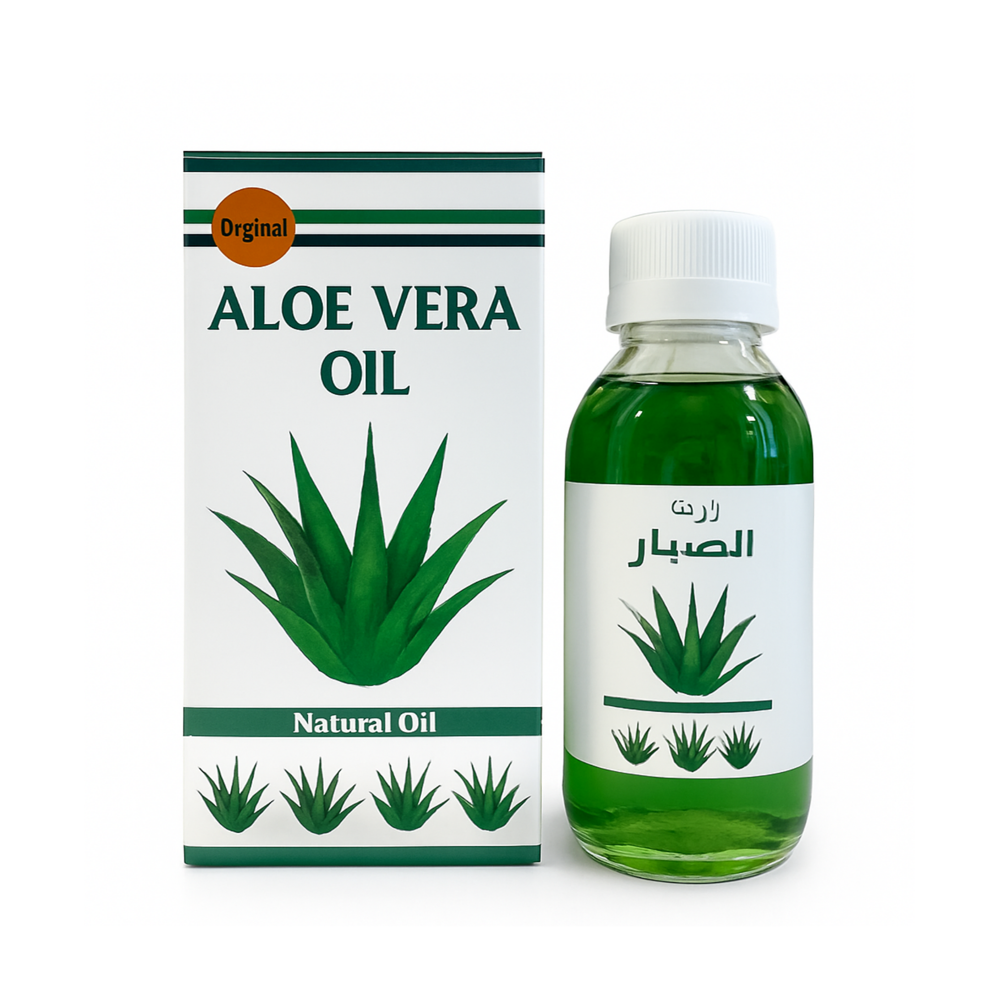 Bottle and box of aloe vera oil on a white background