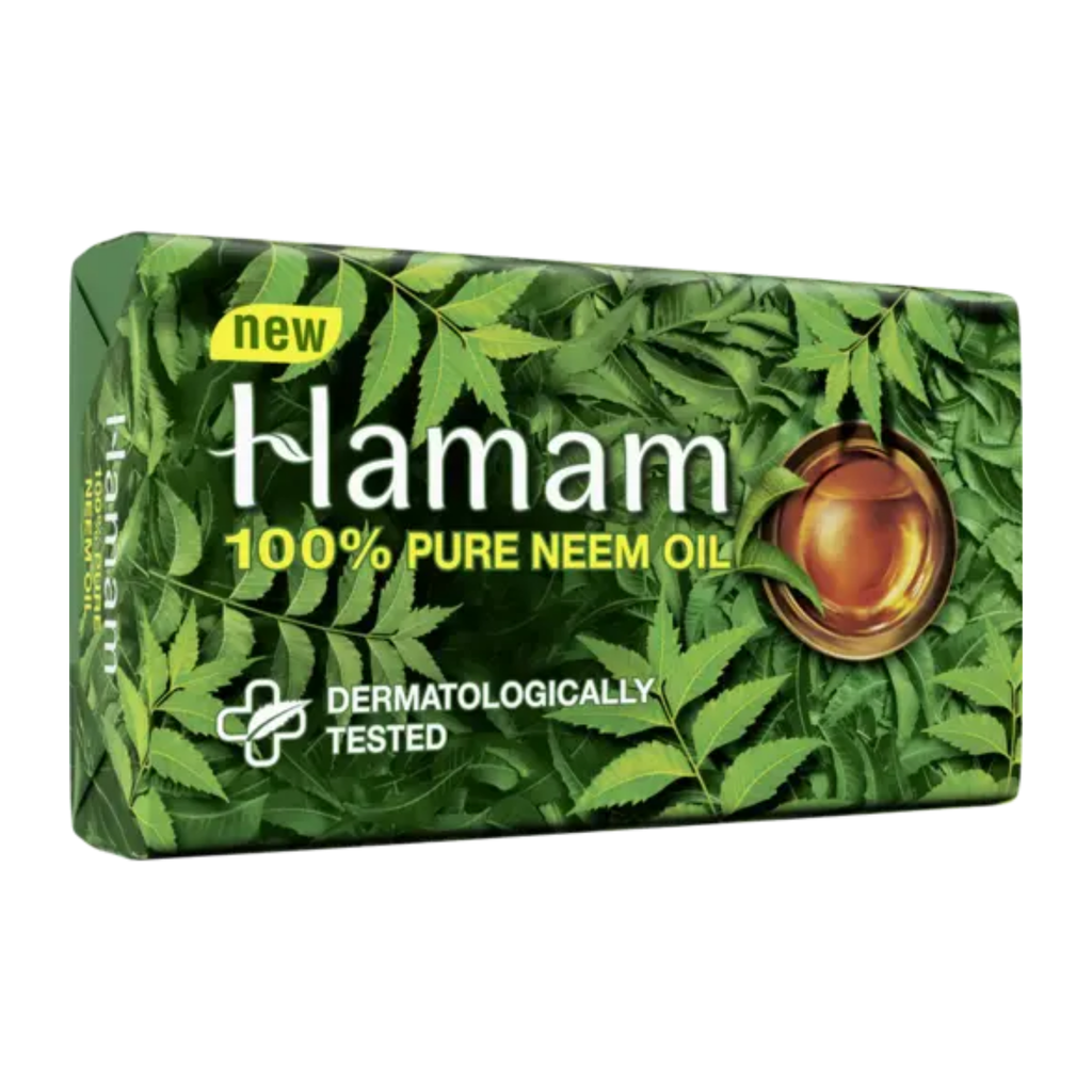Hamam 100% Pure Neem Oil soap packaging with green leaves and oil droplet on a white background