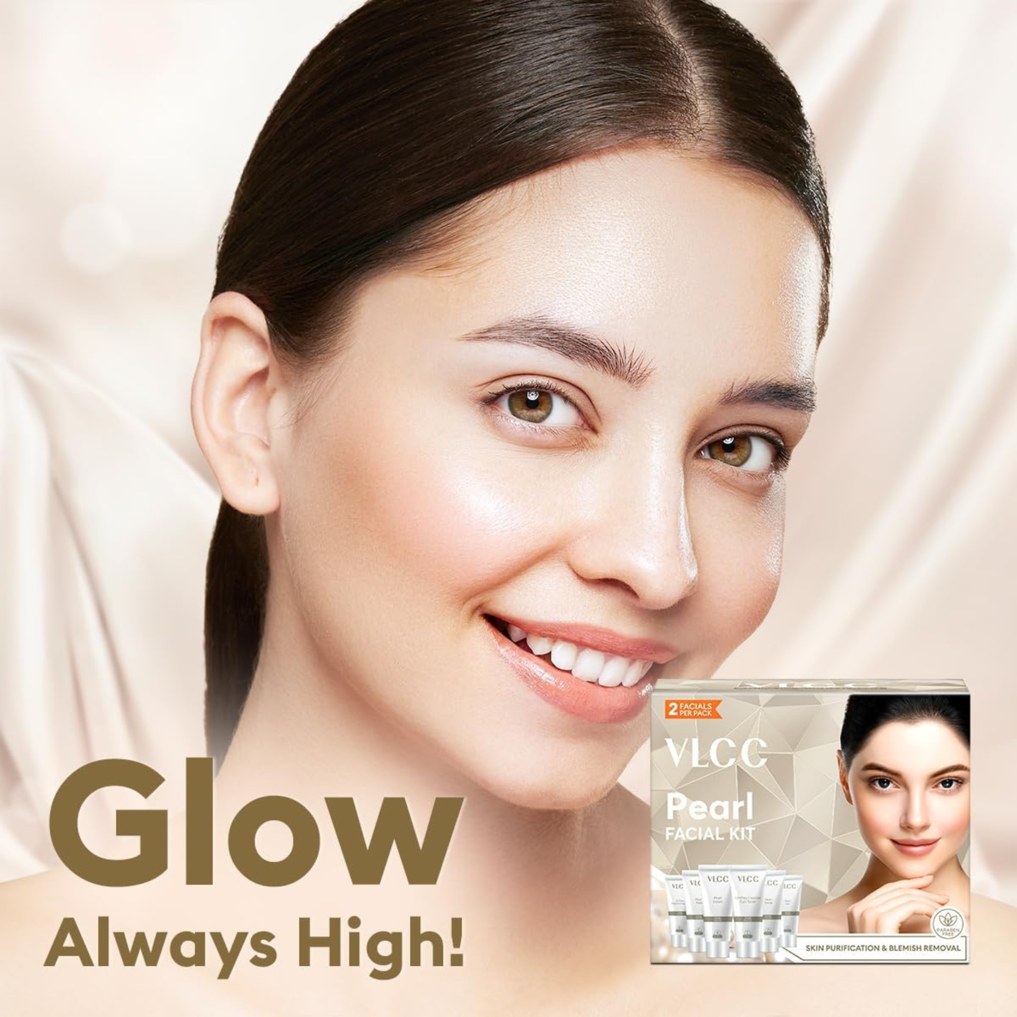 Woman with glowing skin and VLCC Pearl Facial Kit packaging on a beige background