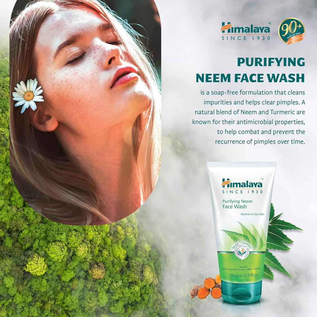 Himalaya Purifying Neem Face Wash advertisement with a woman's face and product packaging.