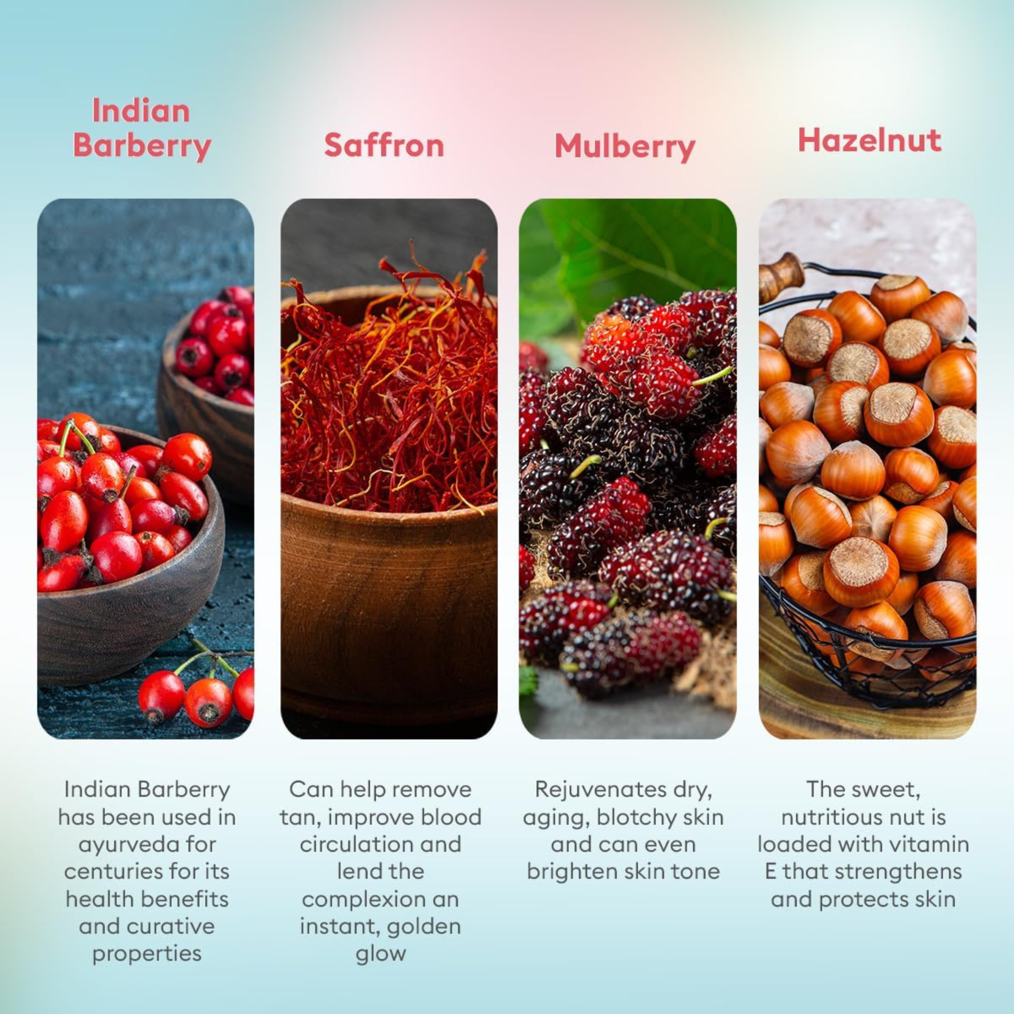 Four images of Indian Barberry, Saffron, Mulberry, and Hazelnut with text describing their health benefits.