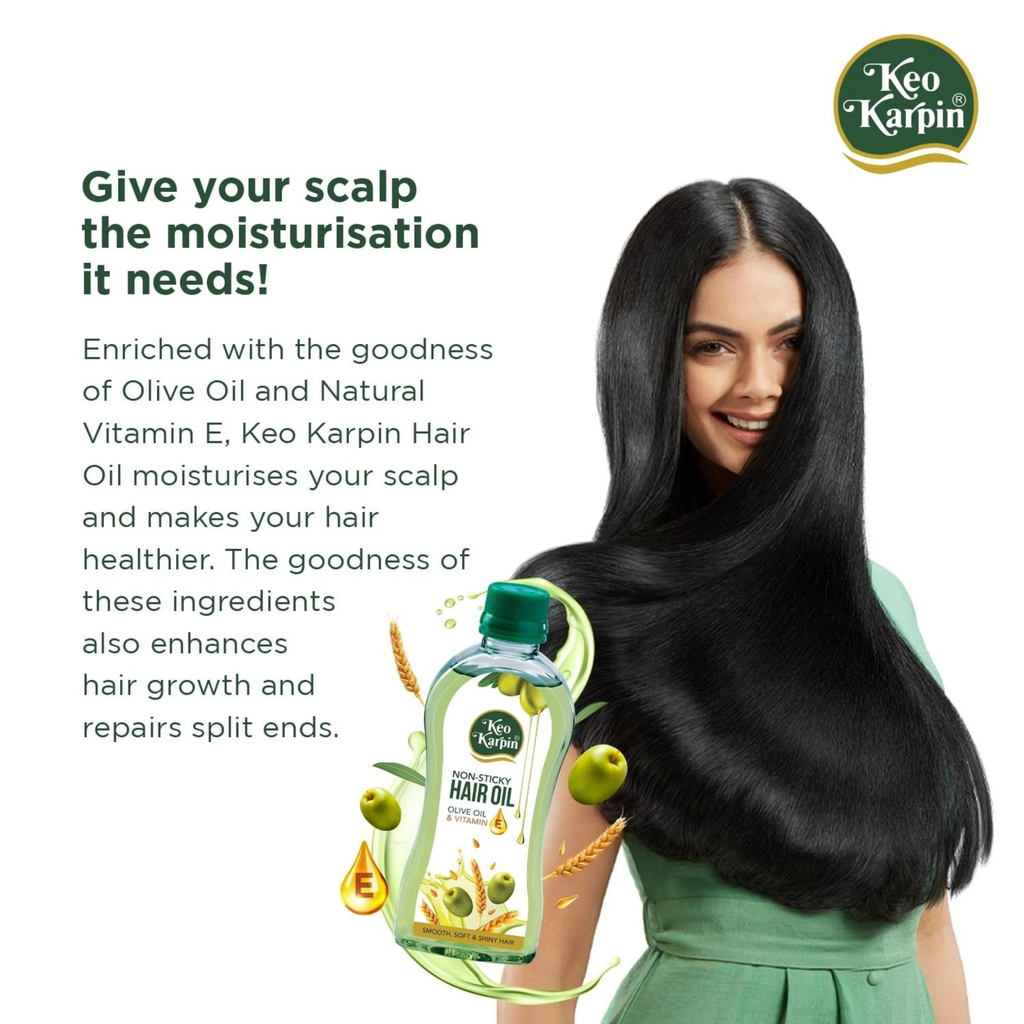Advertisement for Keo Karpin hair oil featuring a woman with long black hair and the product.
