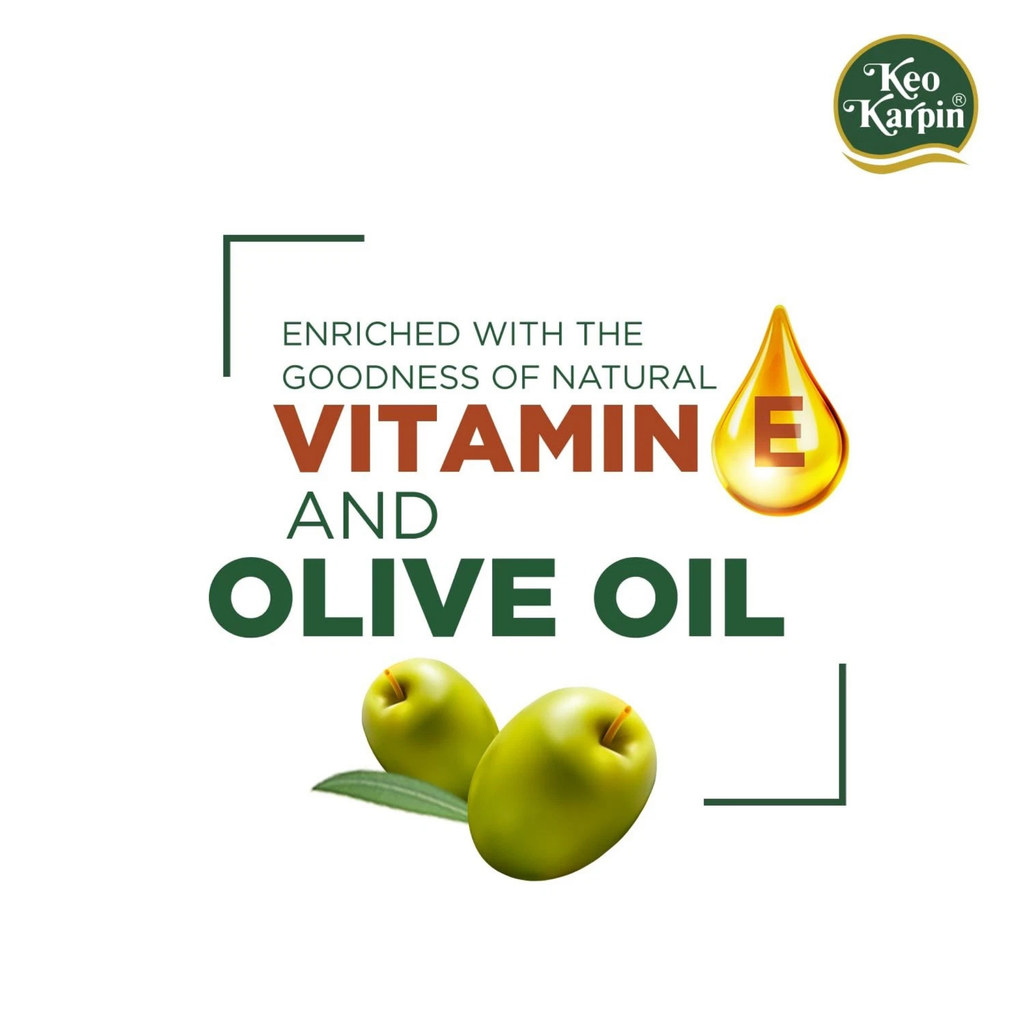 Advertisement for a product enriched with Vitamin E and olive oil, featuring apples and a drop icon on a white background.