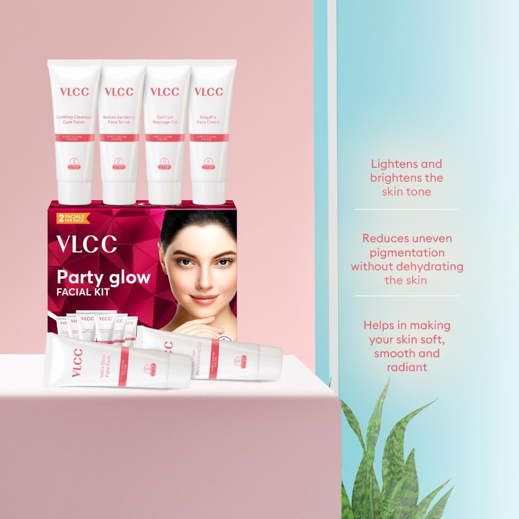 VLCC Party Glow facial kit with product packaging and benefits text on a pink and blue background