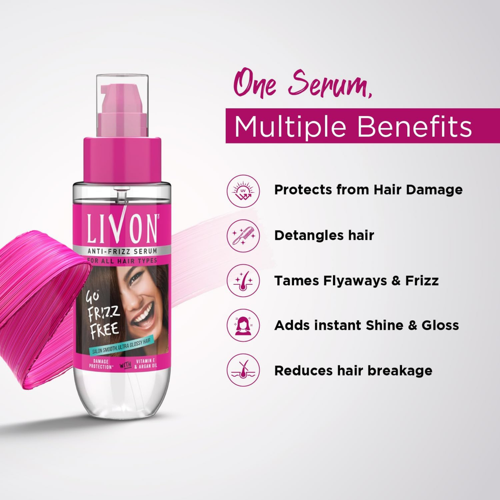 LIVON anti-frizz serum bottle with benefits listed on a light gray background