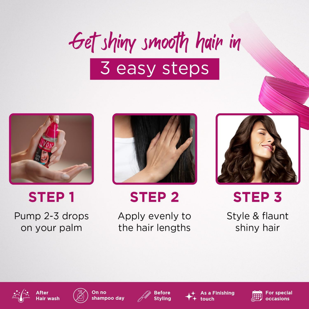 Hair care product instructions with steps for shiny smooth hair on a white background