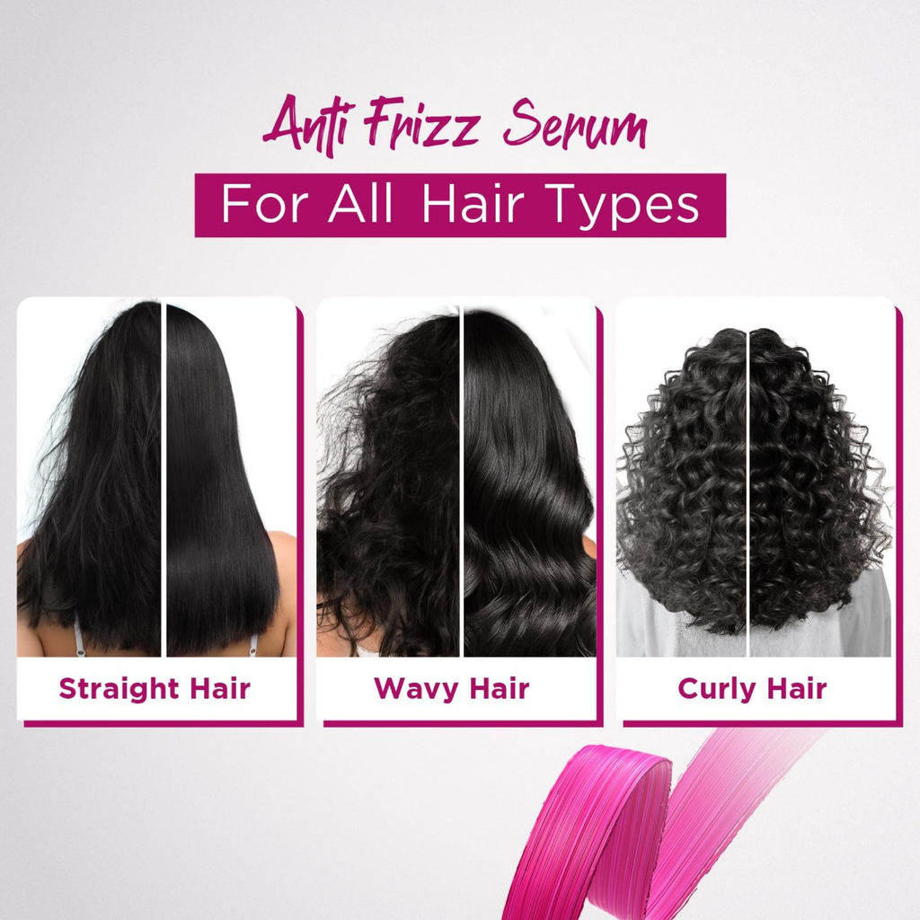 Anti Frizz Serum advertisement showing effectiveness on different hair types with a pink serum applicator.