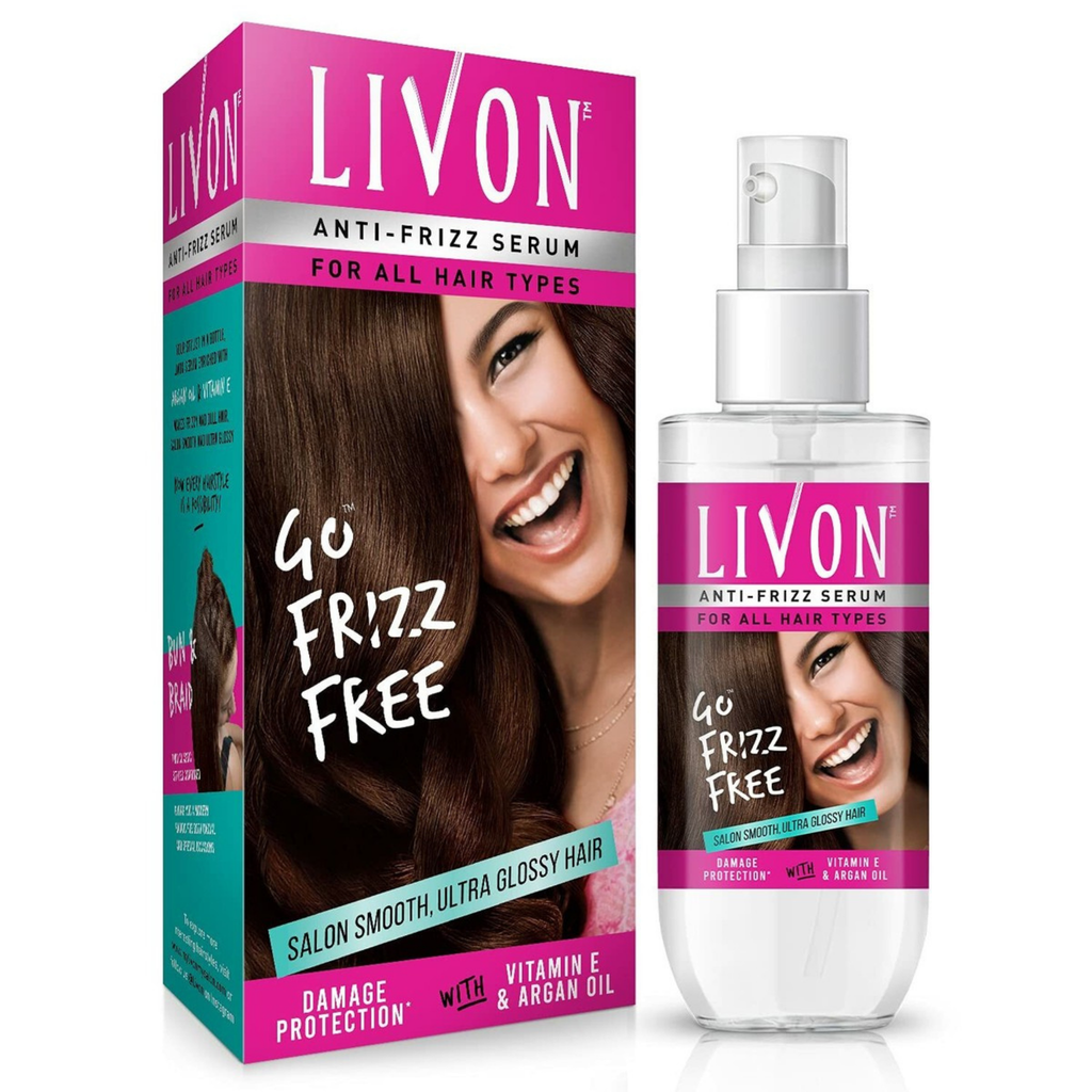 Livon anti-frizz serum packaging and bottle on a white background
