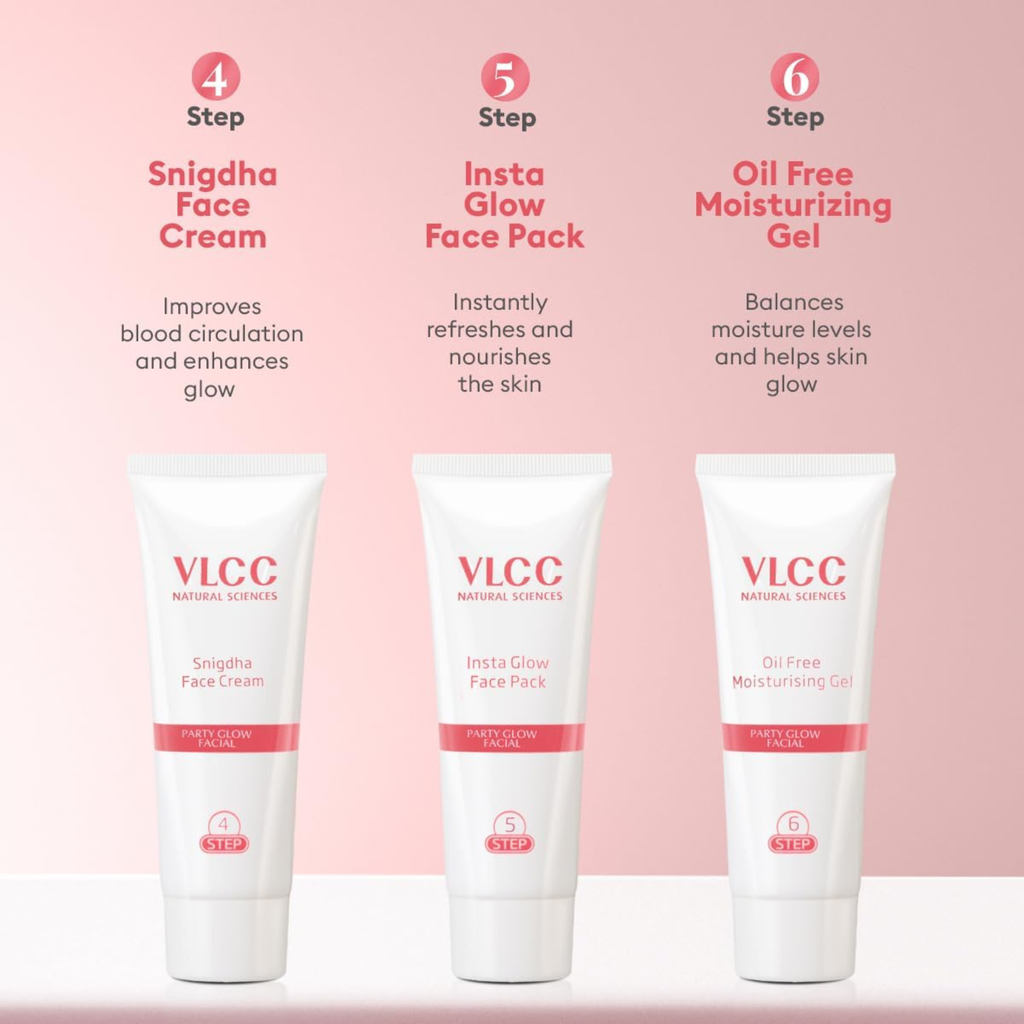VLCC skincare products with step-by-step instructions on a pink background