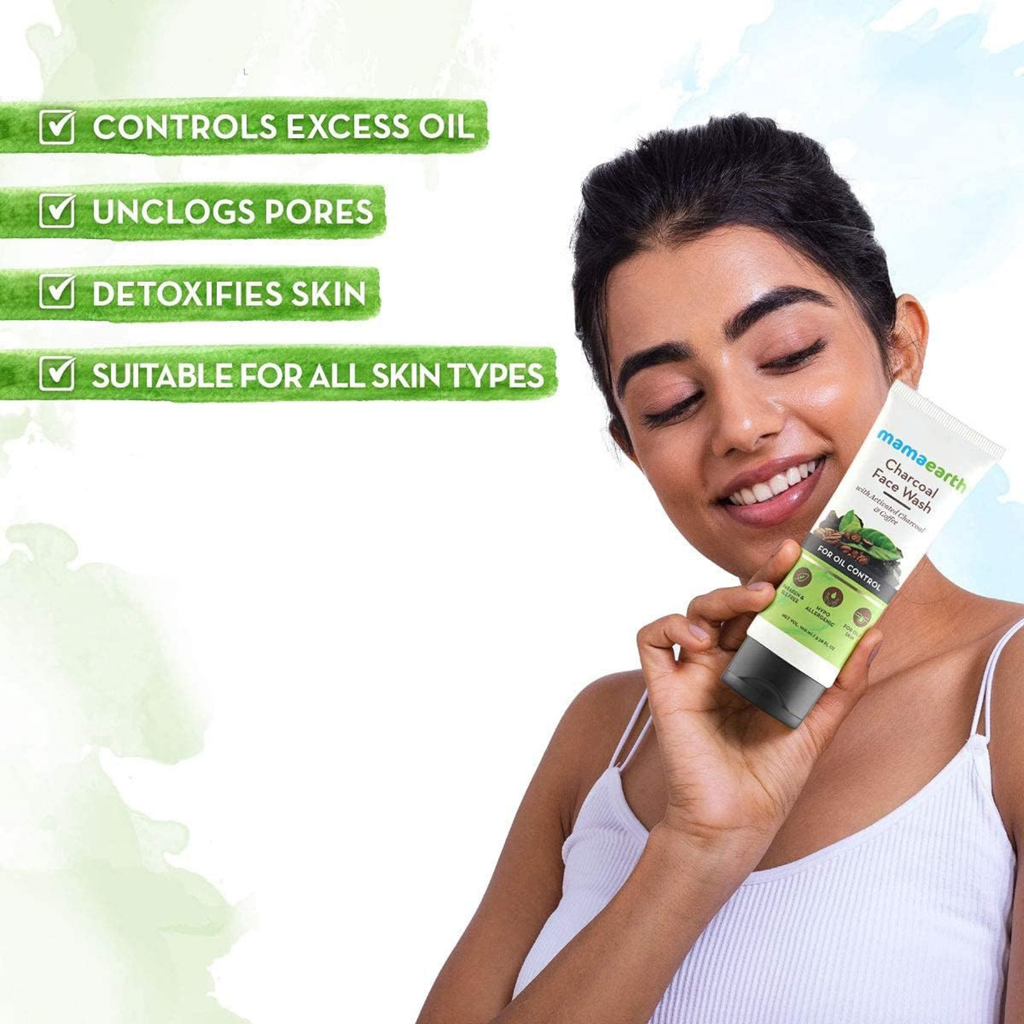 Woman holding a skincare product with text highlighting its benefits on a light green background