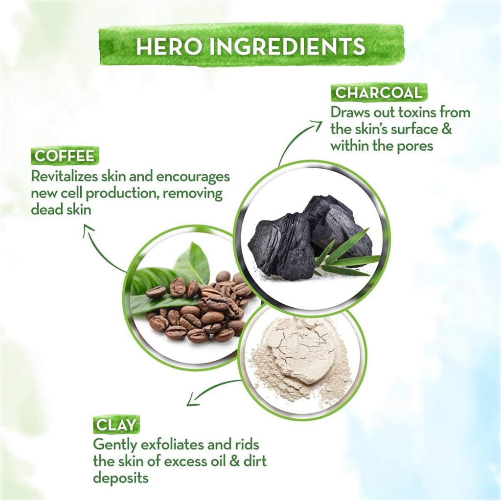 Diagram of charcoal, coffee beans, and clay with text describing their benefits on a light green background.