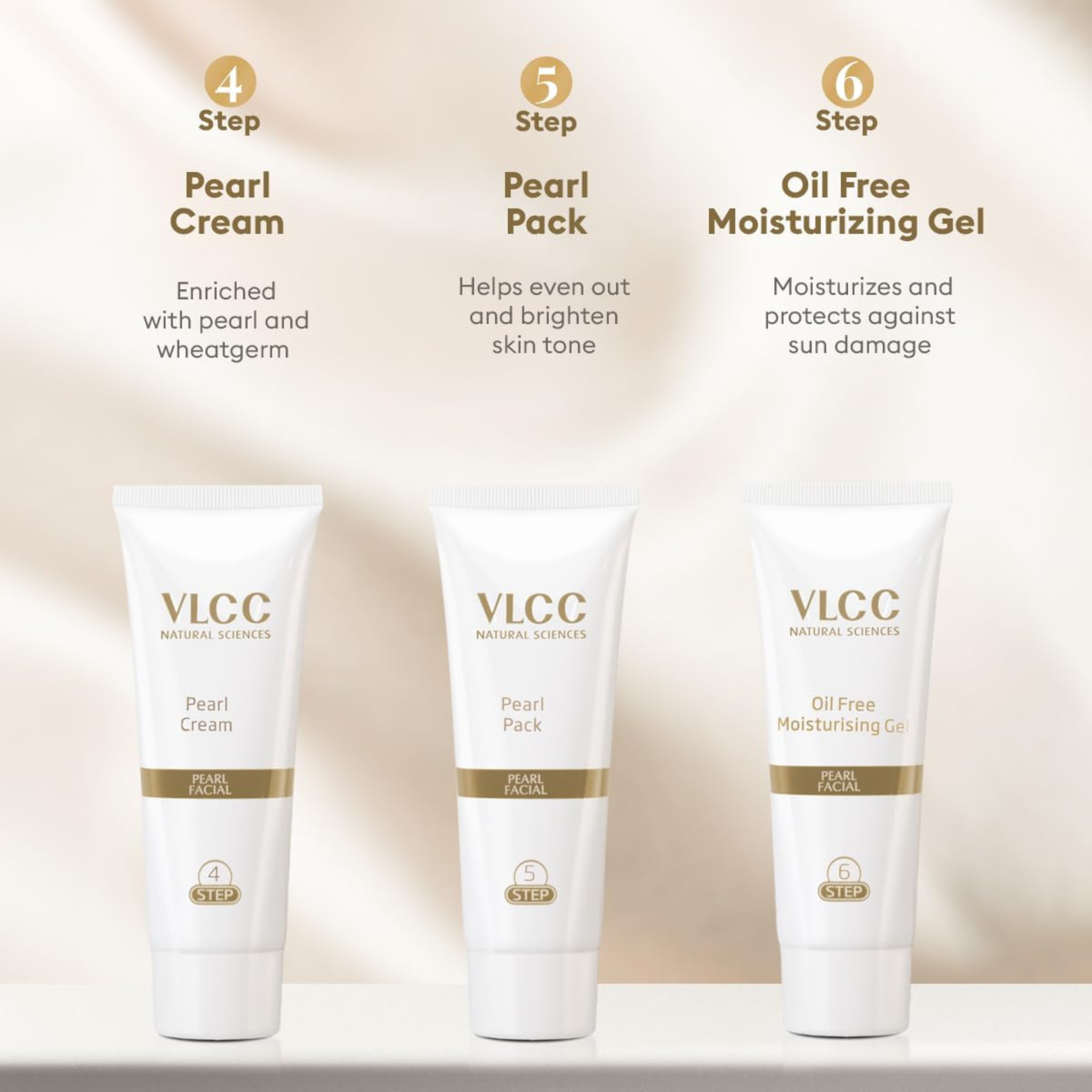 Three VLCC skincare products with step descriptions on a beige background