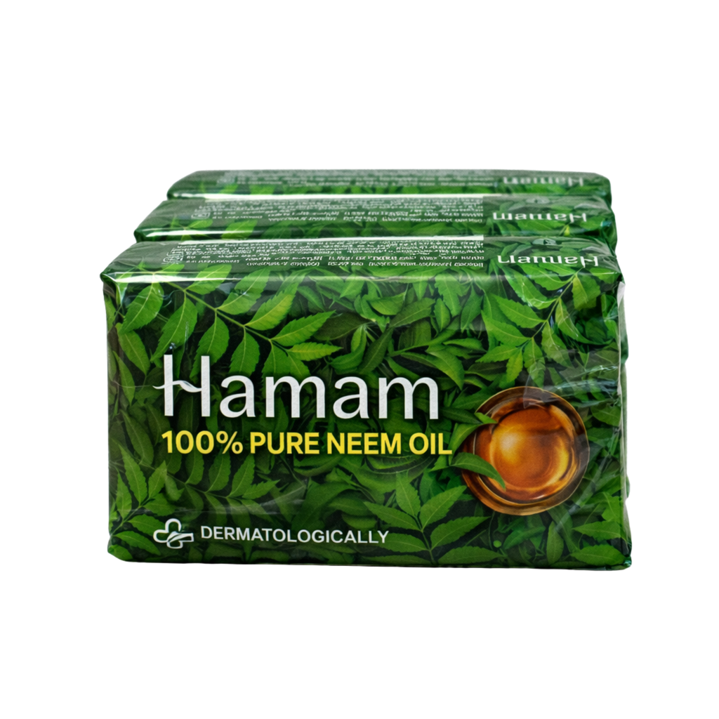 Pack of Hamam 100% Pure Neem Oil soap bars on a white background