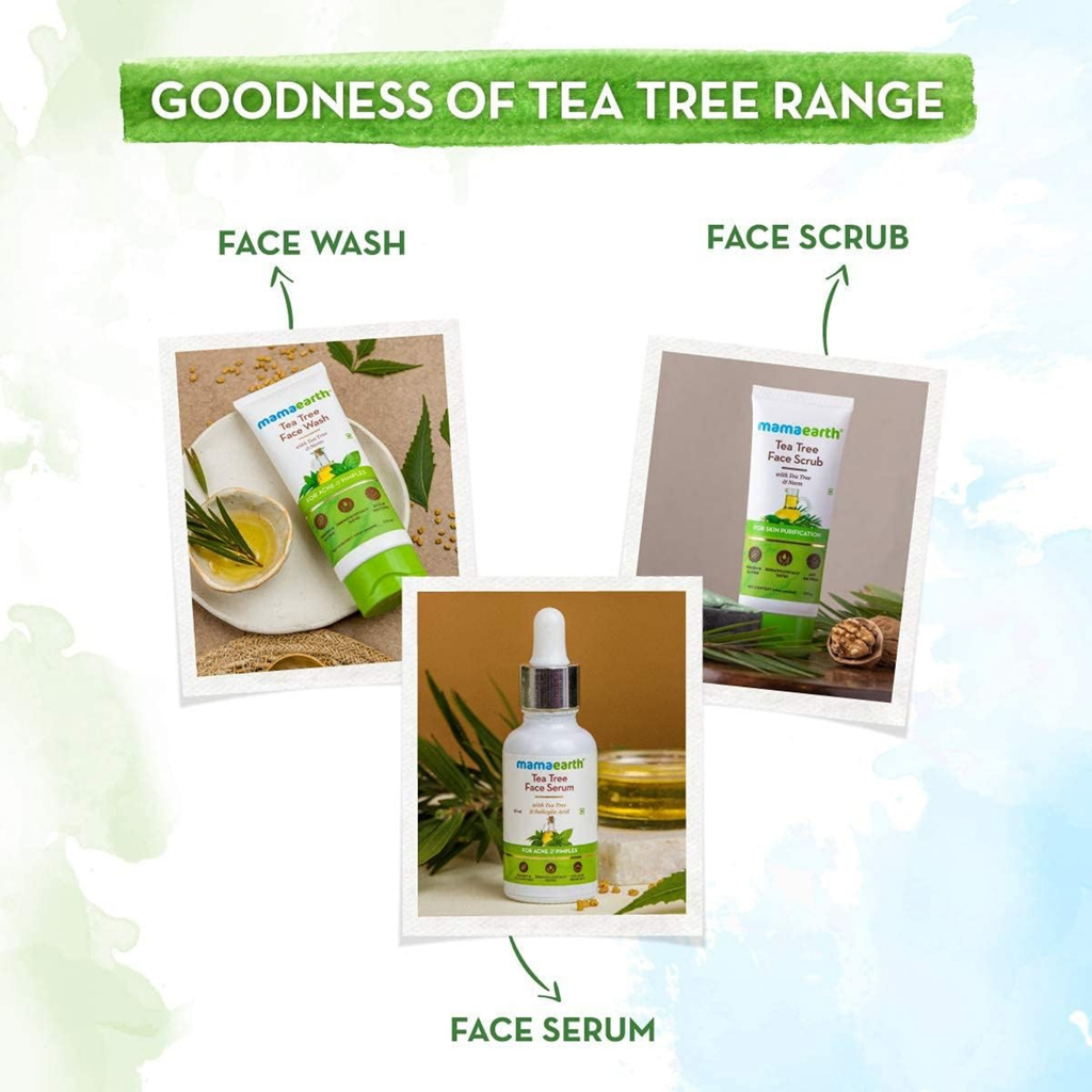 Tea tree skincare products including face wash, scrub, and serum with a green label.