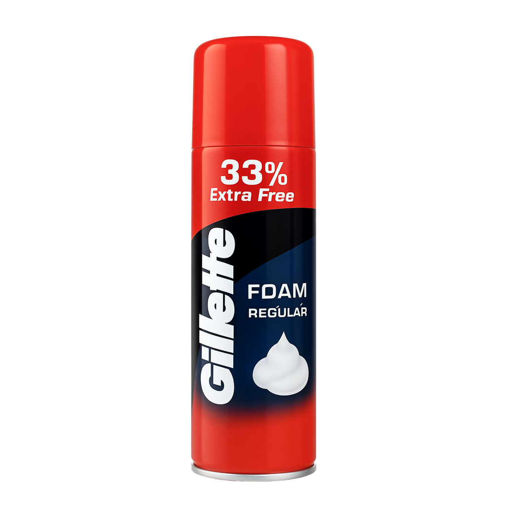 Gillette foam can with red and black design on a white background