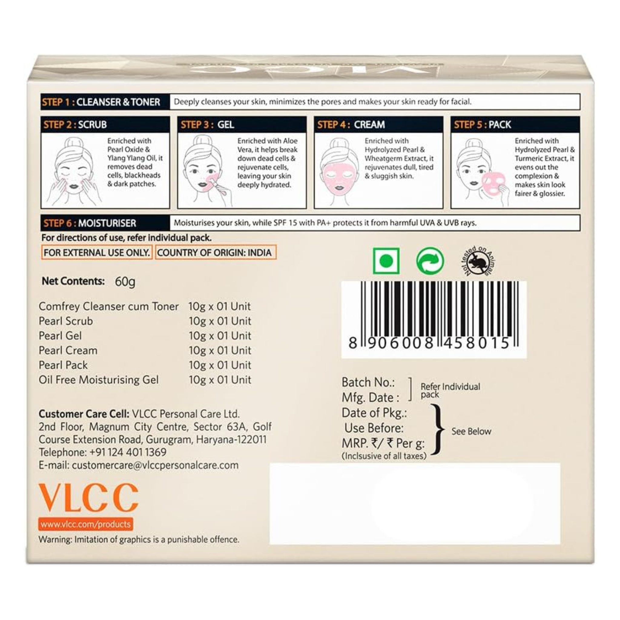VLCC skincare product packaging with step-by-step instructions and branding.