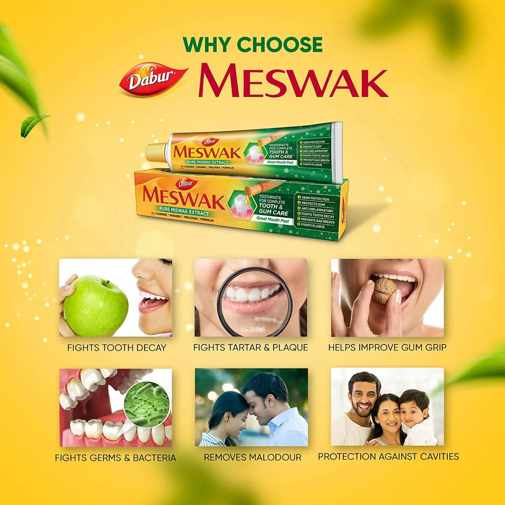 Dabur Meswak toothpaste packaging with benefits on a yellow background