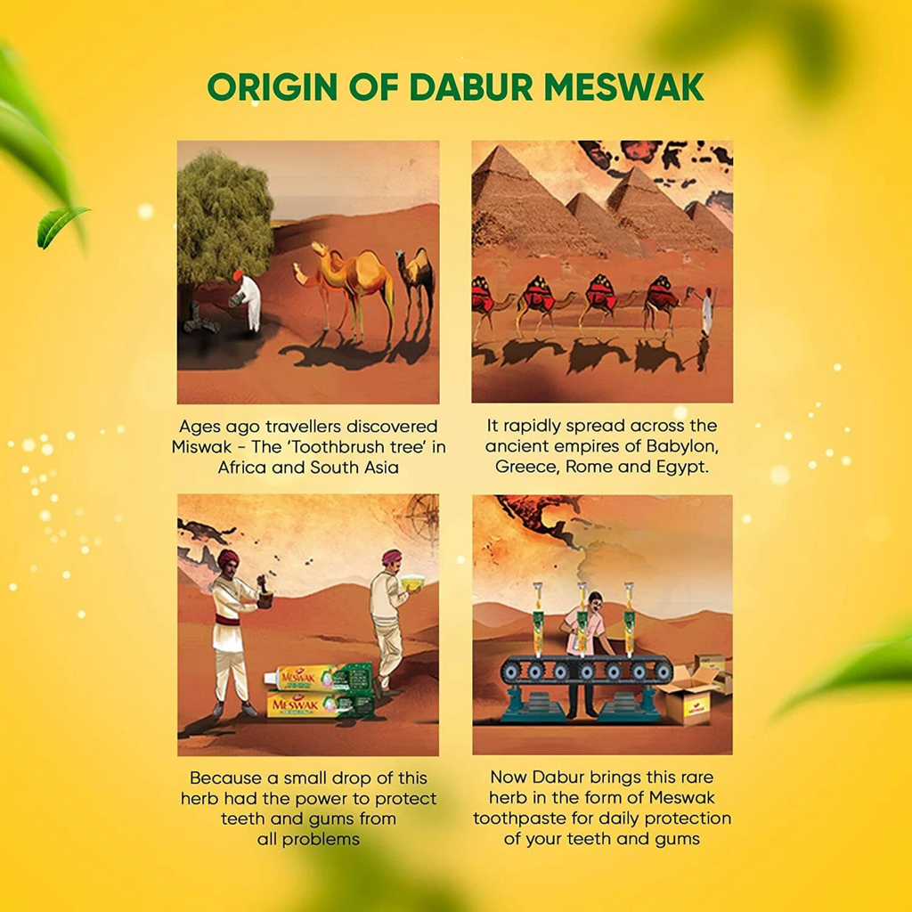Illustration of the origin of Dabur Meswak with camels and historical text on a yellow background.