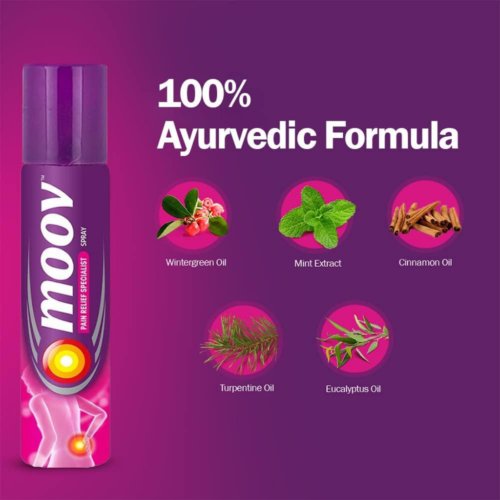 Moov product with Ayurvedic ingredients on a purple background