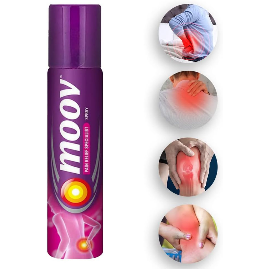 Moov pain relief spray with images of sore muscles on a white background