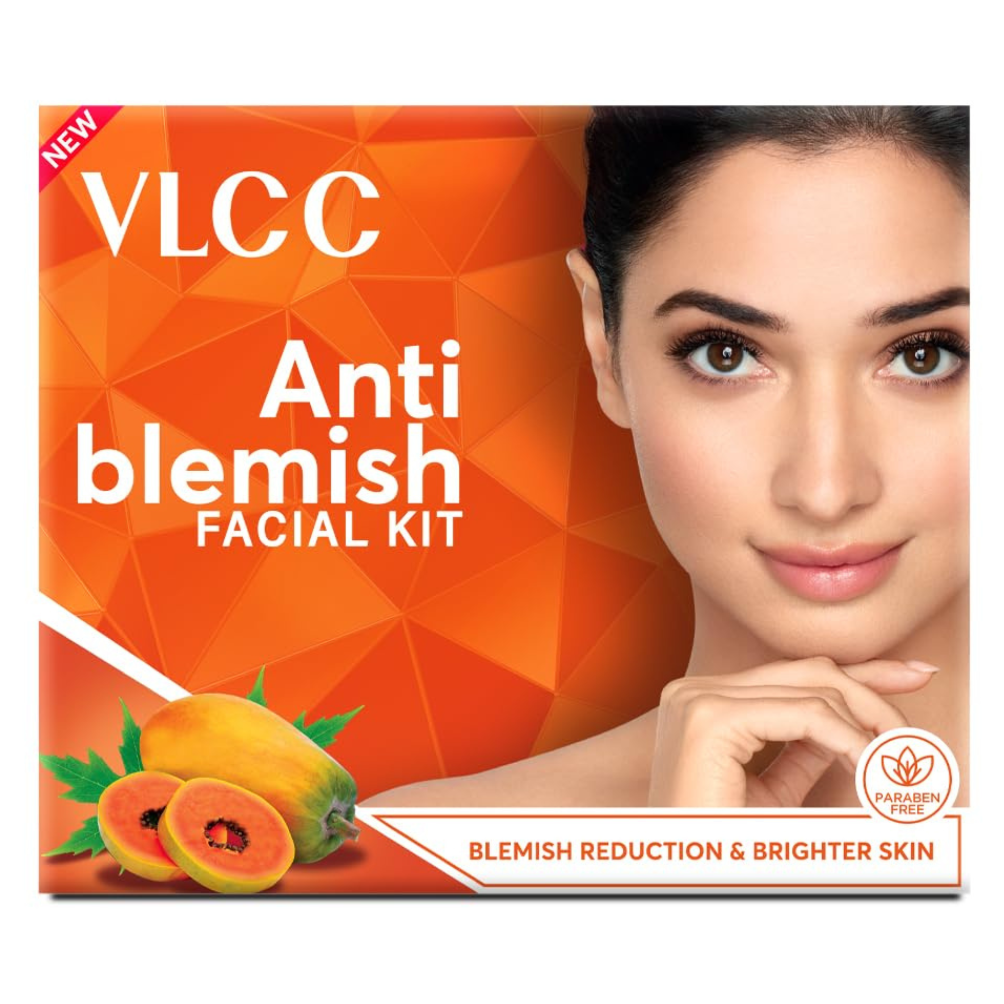 VLCC Anti Blemish Facial Kit packaging with a woman's face and papaya fruits on an orange background.