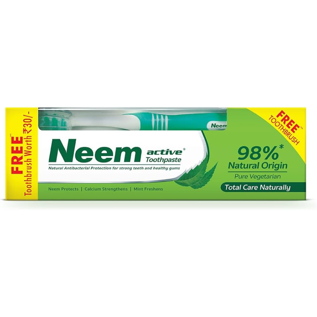 Neem active toothpaste packaging with a free toothbrush offer on a white background