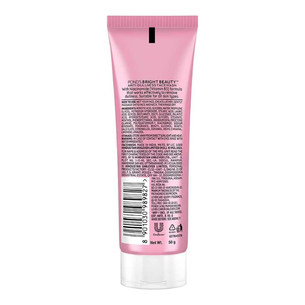 Pink skincare tube with text and a barcode on a white background