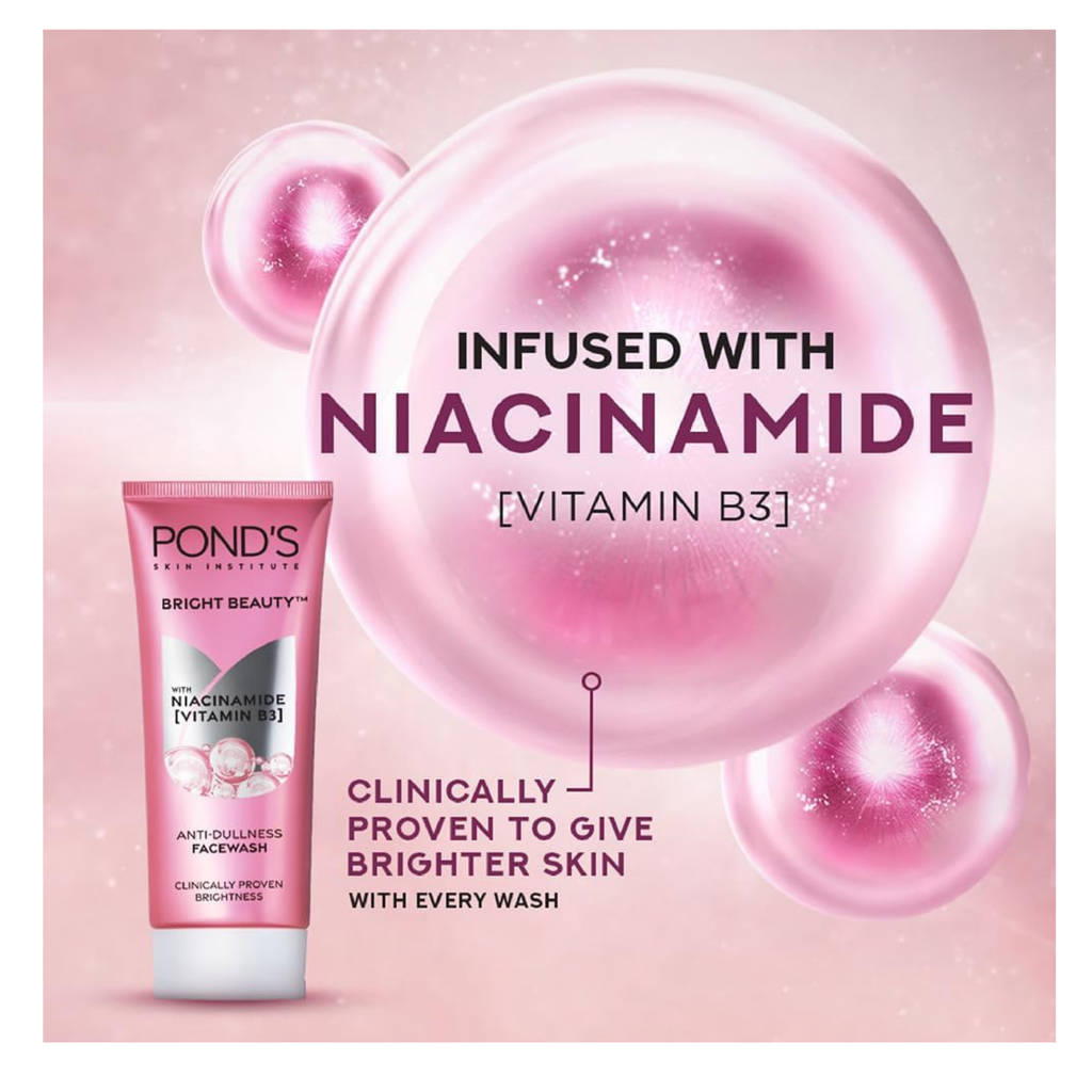 Pond's Bright Beauty anti-dullness face wash tube with pink bubbles and text on a pink background