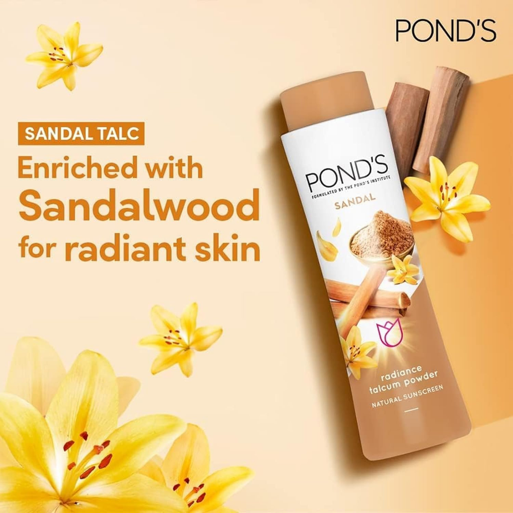 Pond's Sandal Talc product with sandalwood sticks and yellow flowers on a beige background