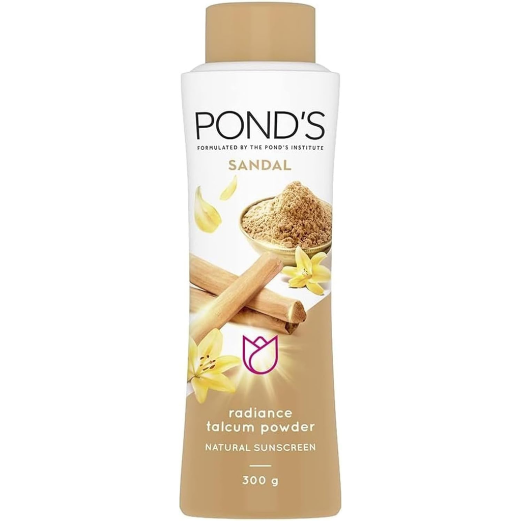 Pond's Sandal Radiance Talcum Powder bottle on a white background