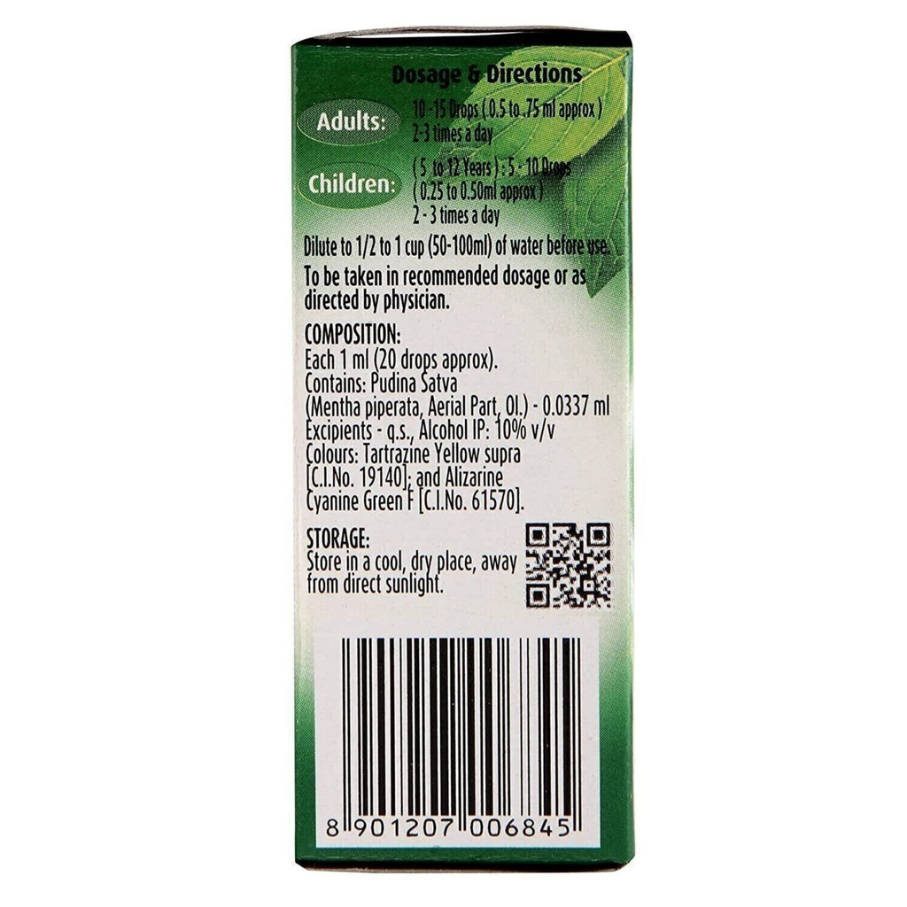 Back label of a green and white bottle with dosage instructions and product details.