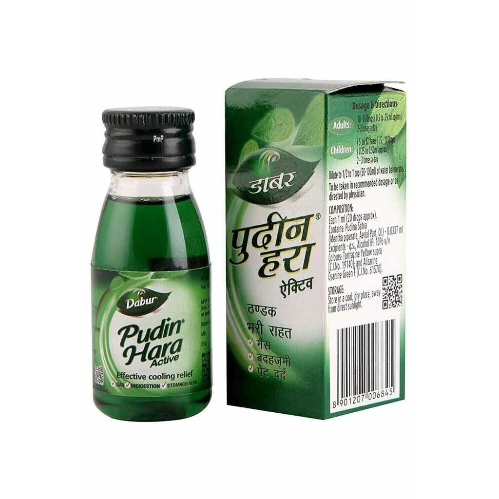 Dabur Pudin Hara bottle and packaging on a white background