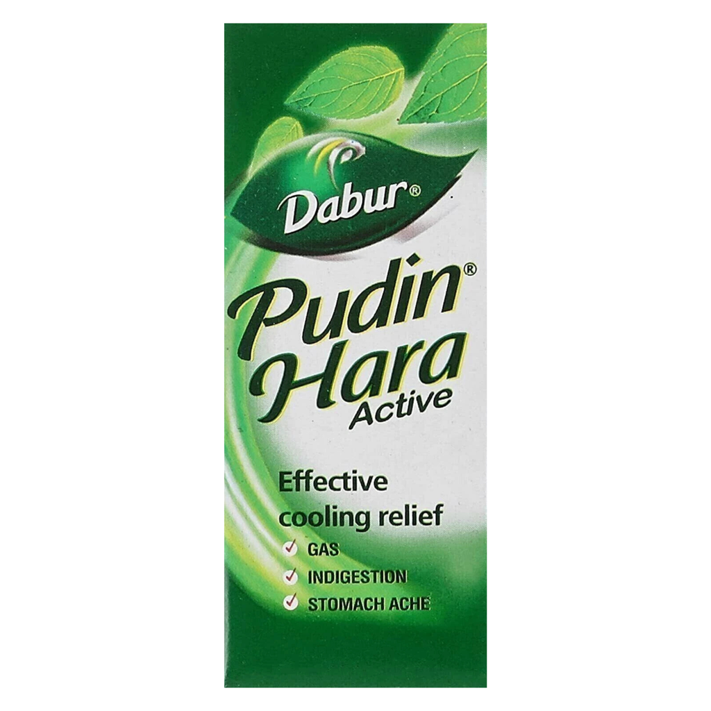 Dabur Pudin Hara Active packaging with green and white design.