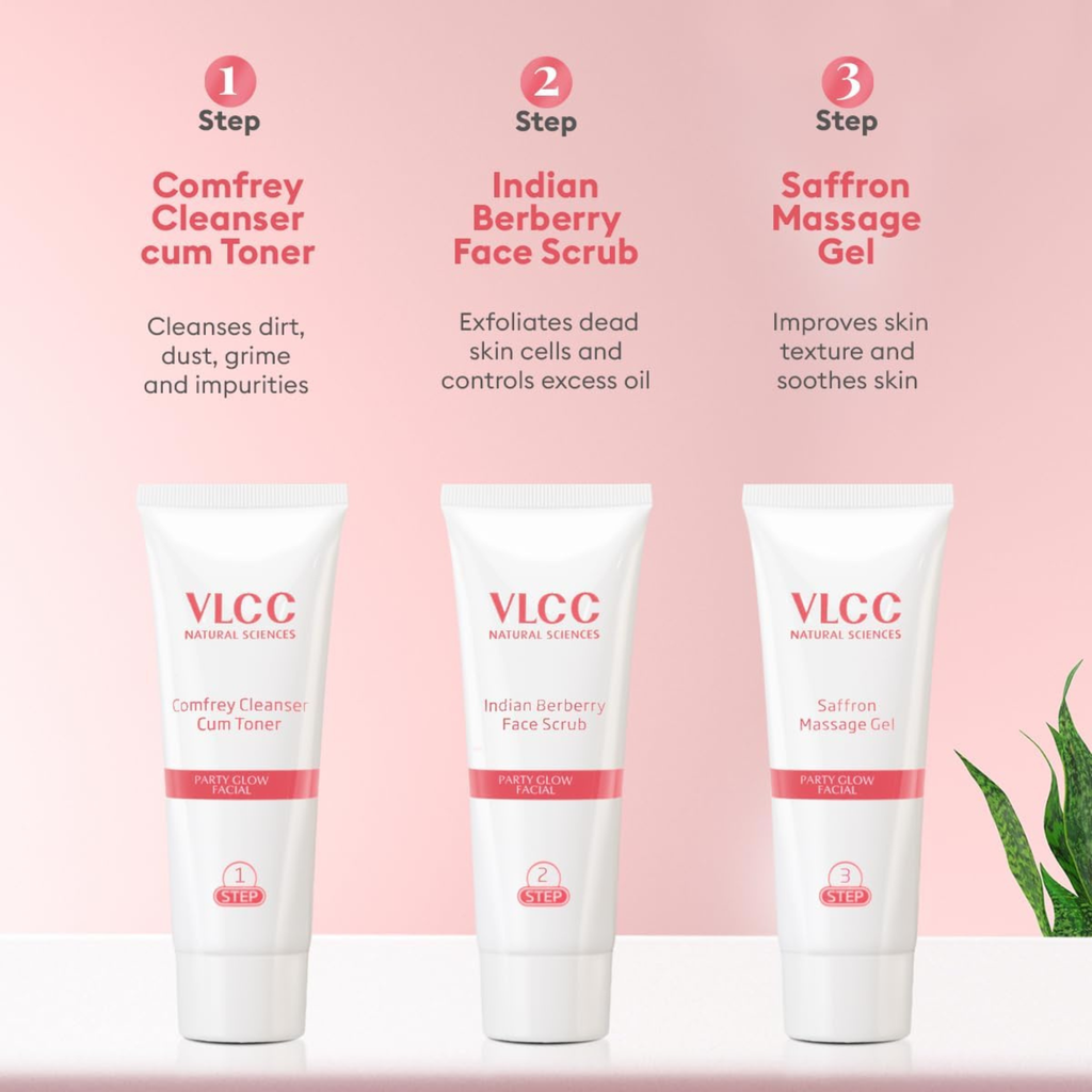 Three VLCC skincare products with step-by-step instructions on a pink background