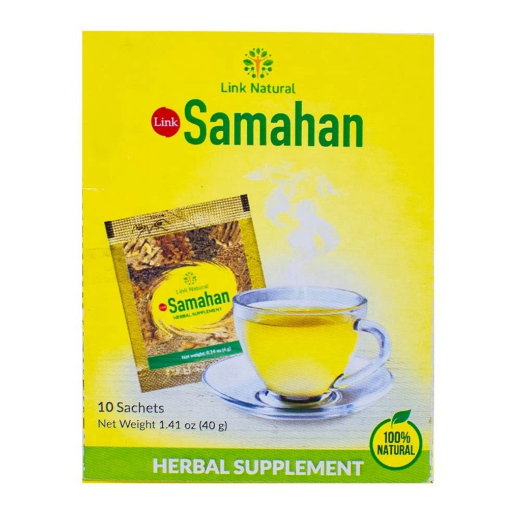 Box of Link Samahan herbal supplement with a cup of tea on a yellow background
