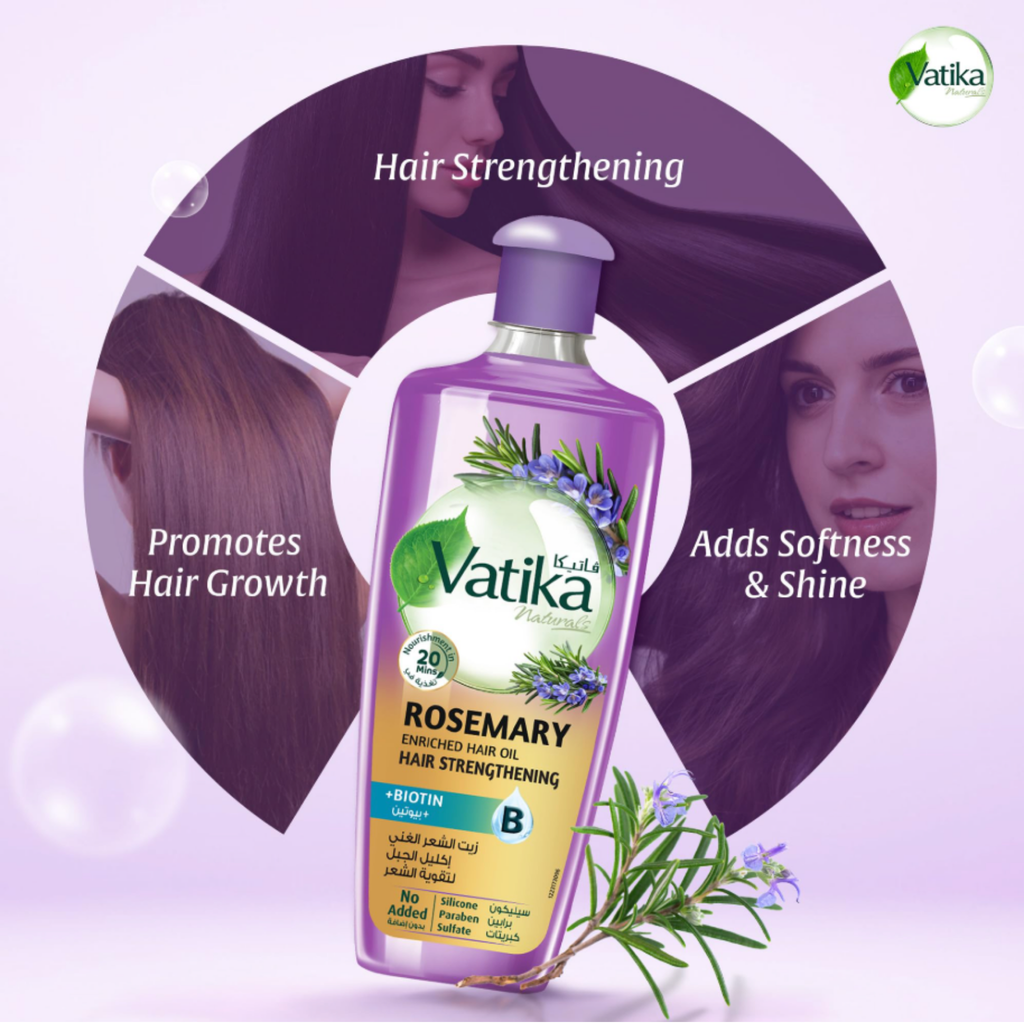 Vatika Rosemary hair oil bottle with text highlighting benefits on a purple background