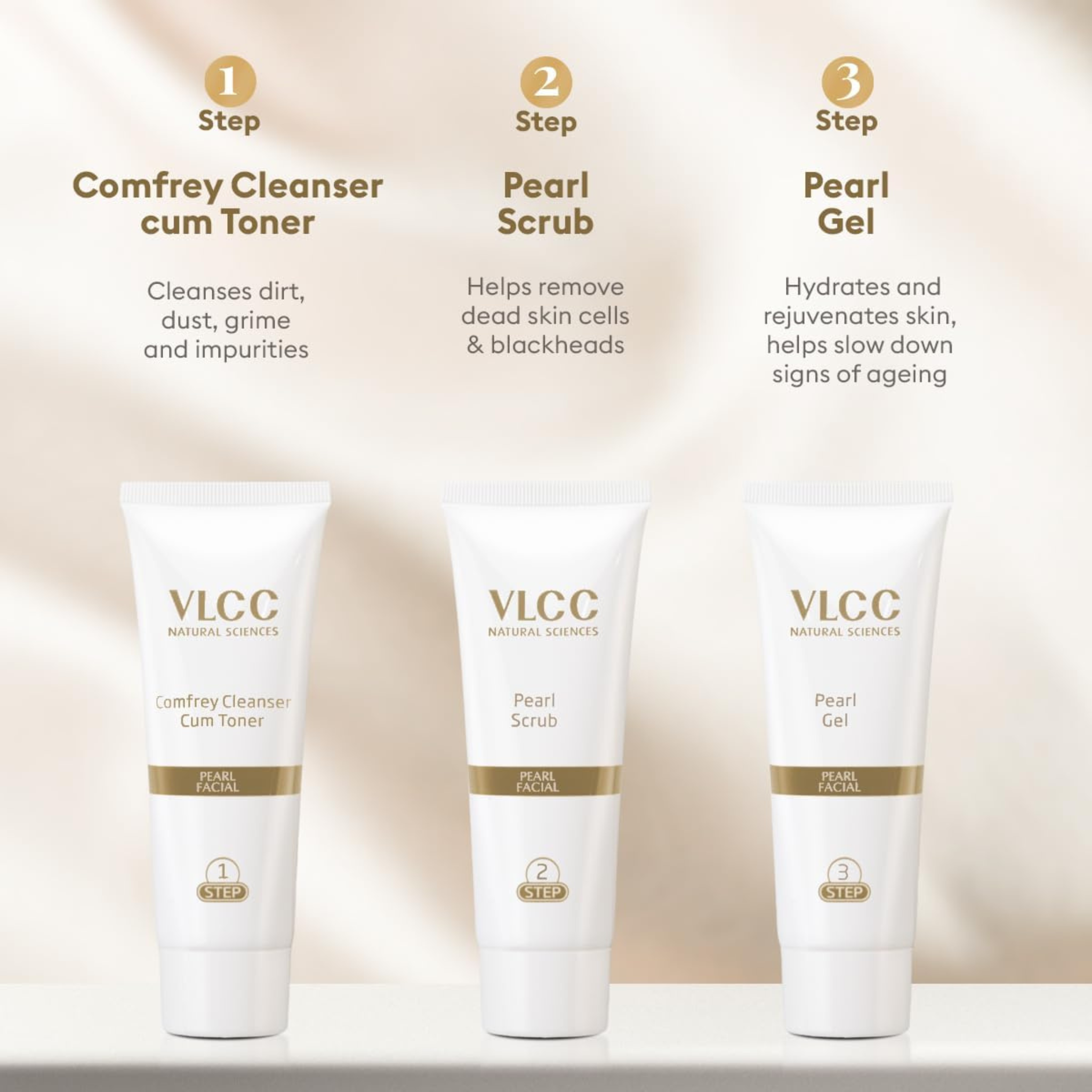 Three VLCC skincare products with step-by-step instructions on a beige background