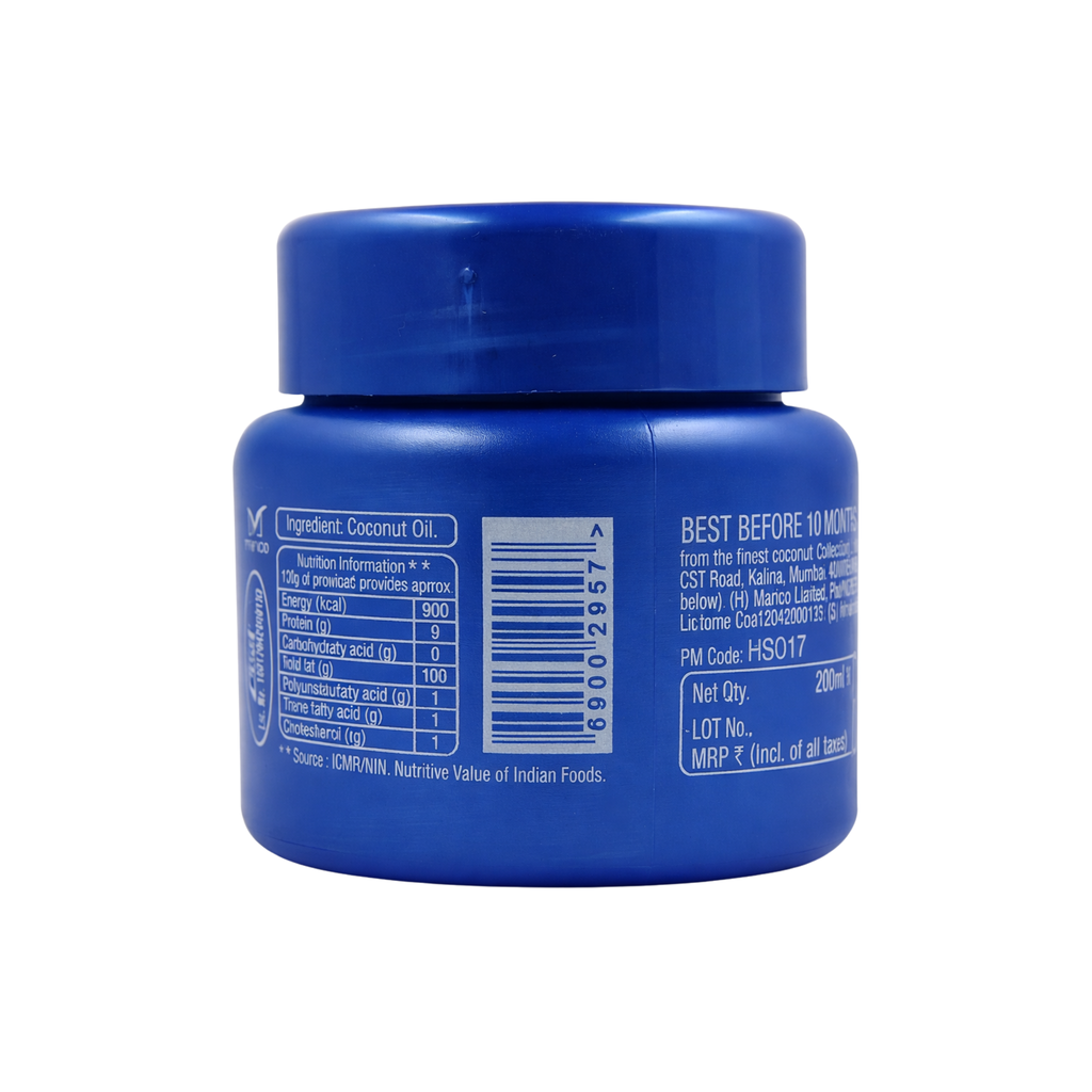 Back of Parachute Coconut Oil bottle with label on a white background