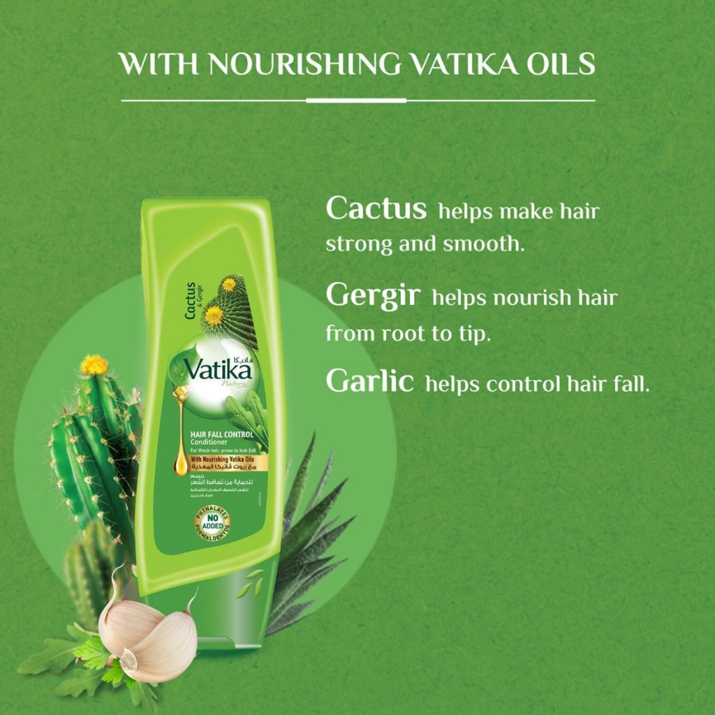 Vatika hair care product with cactus, gergir, and garlic on a green background